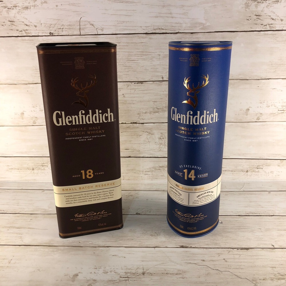Glenfiddich Scotch Whisky Empty Tins 18 Year & 14 Year Bourbon Barrel Empty Tins